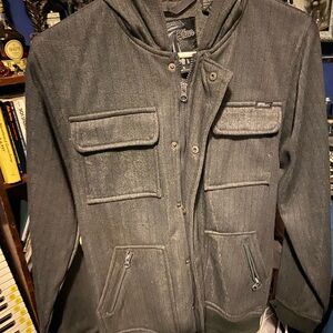 Gray Lightweight Utility Jacket with Hood and Functional Pockets